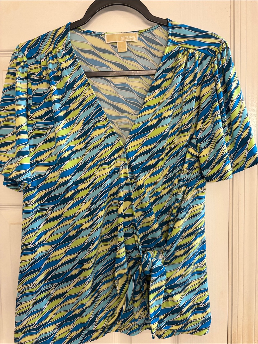 MICHAEL Michael Kors Blue and Green Wave-Print Tie-Front Blouse large
